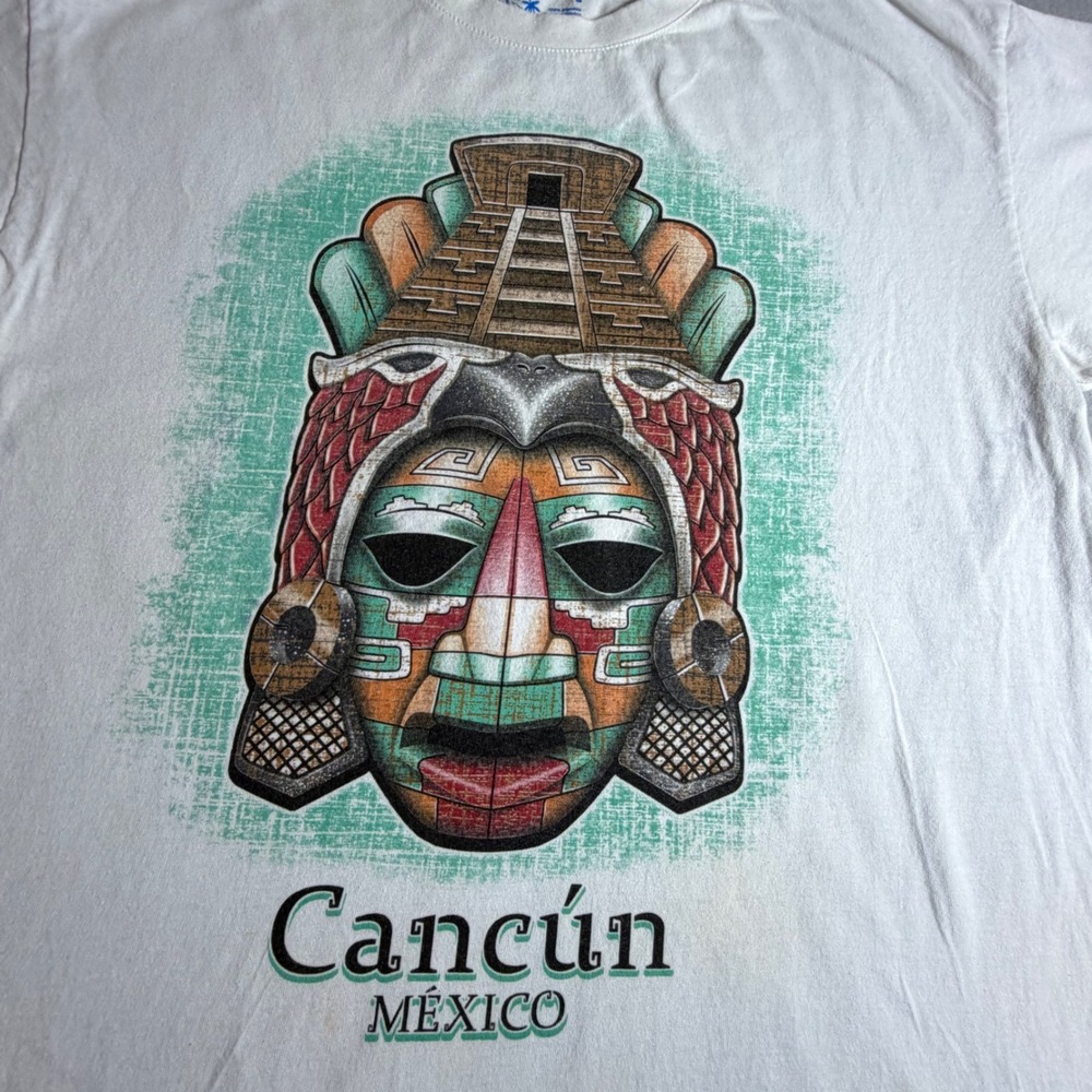 Cancun Mexico Mayan Mask Pyramid Graphic T-Shirt White Mens Large Souvenir Tee - Picture 2 of 8